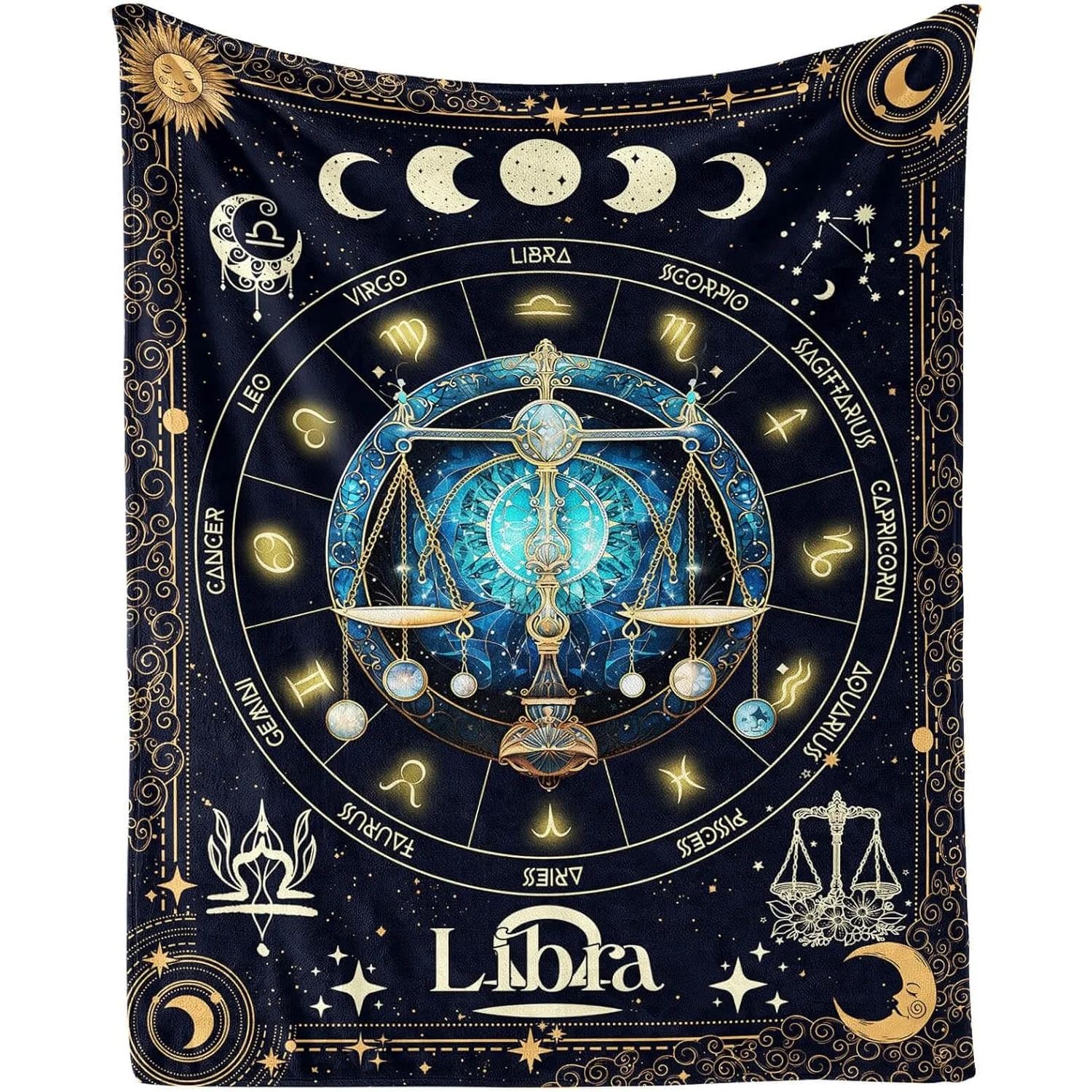 Libra Zodiac Sign Blanket - Mystical Celestial Design with Scales, Planets Stars, Soft Flannel Throw for Home Decor, All-Season