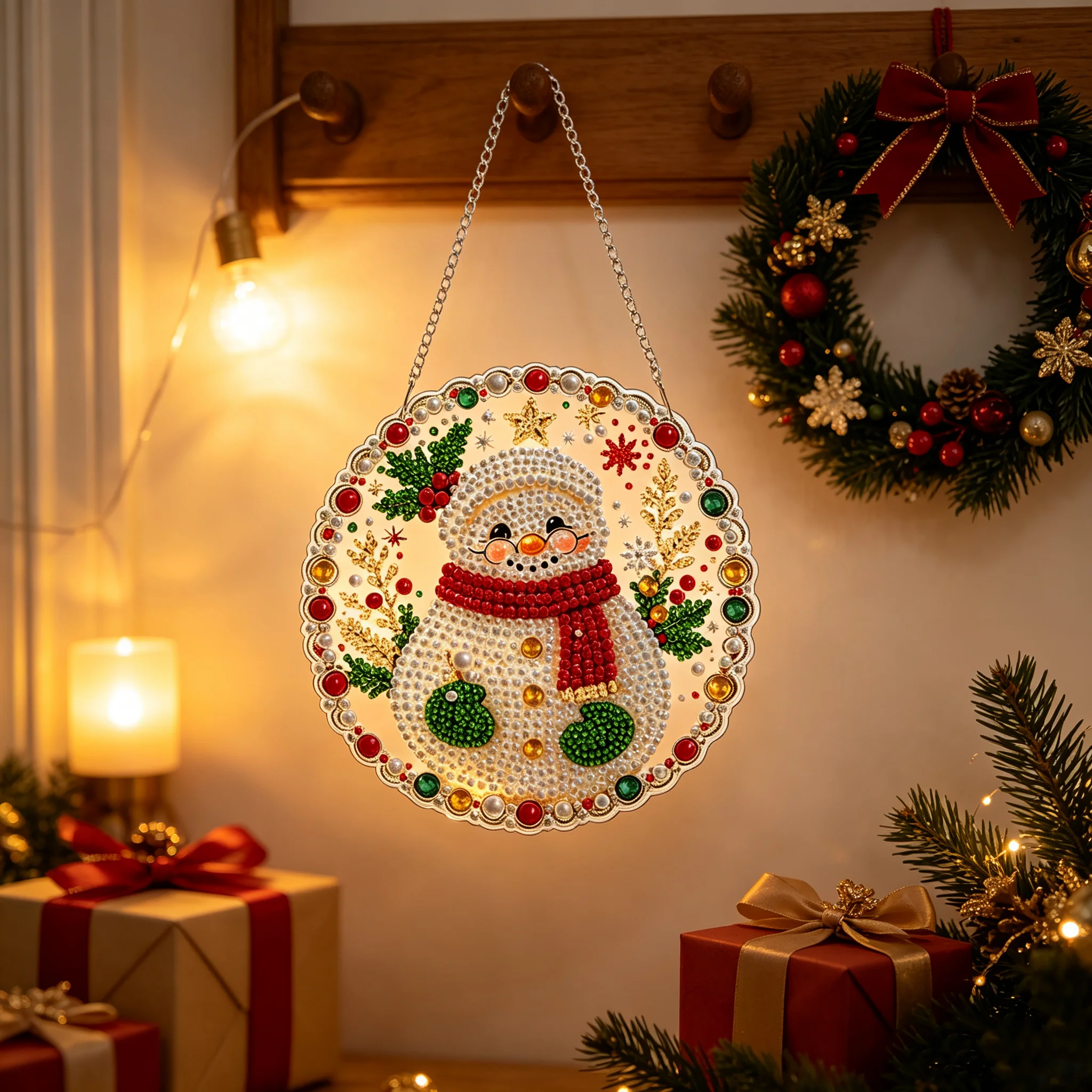 DIY Weihnachts-Perlen-Diamant-Malerei-Anhänger, runde Acrylplatte, 2D flache Perlen-Bastelarbeiten, Feiertags-Fenster- und Wanddekoration – Detail 3