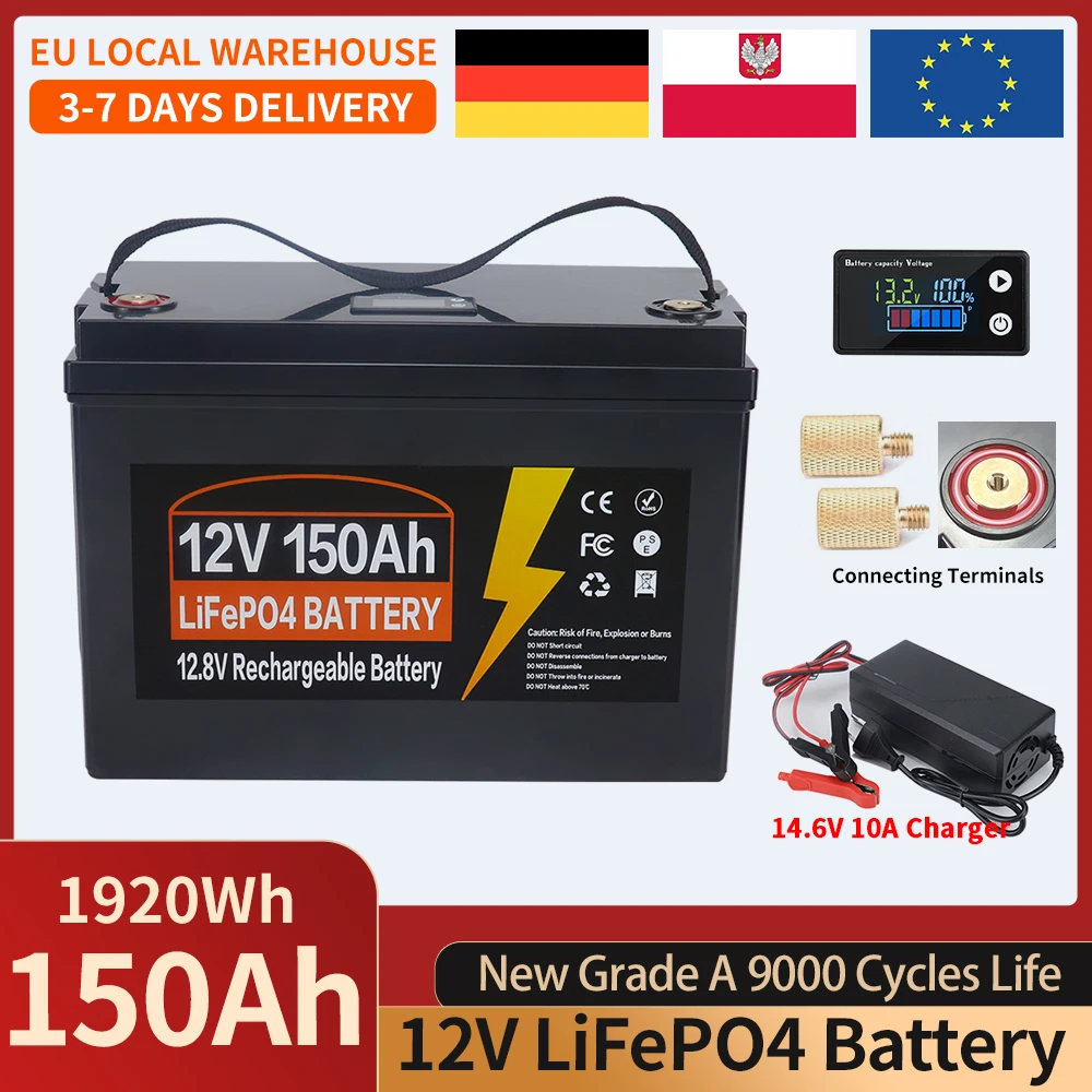 12V 24V 100Ah 150Ah 300Ah 350Ah LiFePO4 Batterij met ingebouwde BMS Lithium IJzer Fosfaat Cel Graad A 9000 cycli levensduur voor camper, zonne-energie, trollingmotor EU voorraad