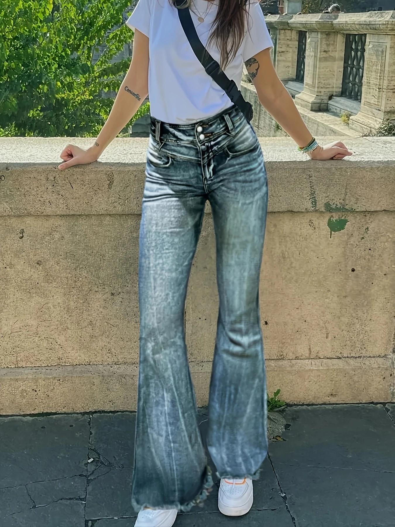 

Женские эластичные манжеты на пуговицах со средней высокой талией и волосатыми краями яблочно-зеленые джинсы-клеш