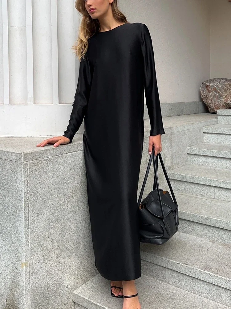 Women\'s Satin Black Dress Fashion Elegant Split Maxi Dress 2024 Spring Summer Long Sleeve Bottomless Dresses Long Dress