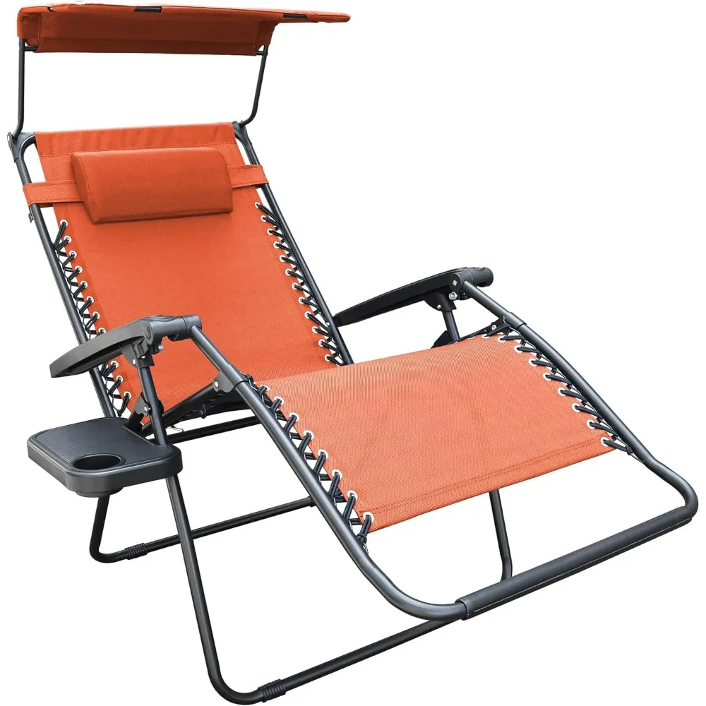Cadeira grande de gravidade zero com guarda-sol e bandeja para bebidas, laranja