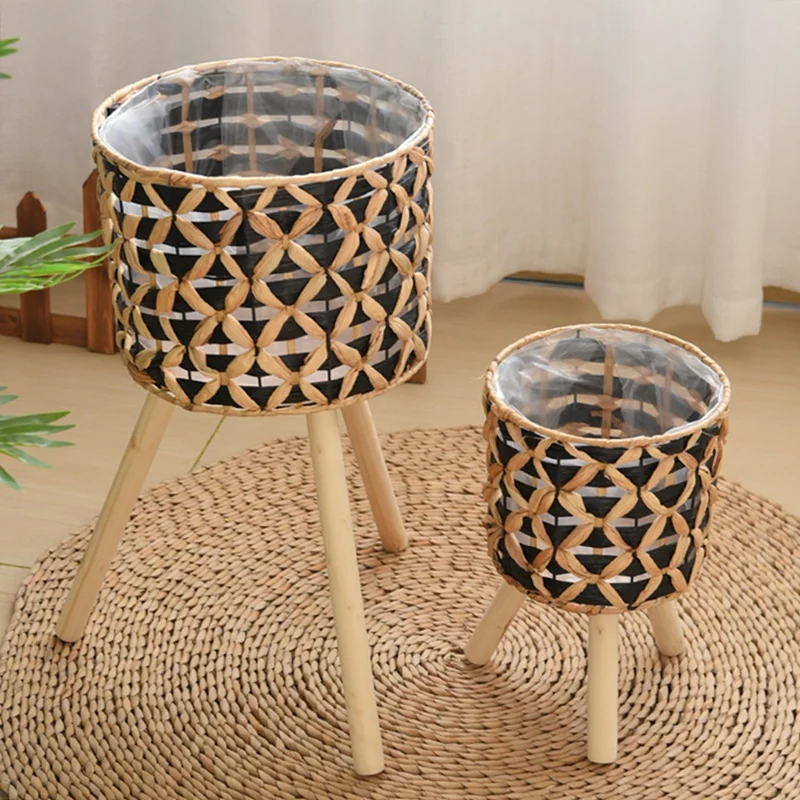 Hand-Woven Flower Stand Wooden Rattan Floor-Standing Balcony Plant Pot Living Room Green Plant Basket