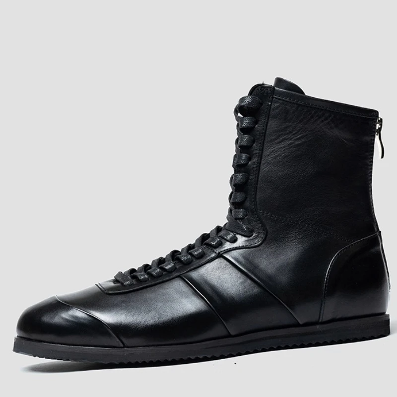 

European/America Boxing Shoes for Men's Inner/Outer Cowhide Work Shoes Genuine Leather and Velvet Washed High Top Training Shoes