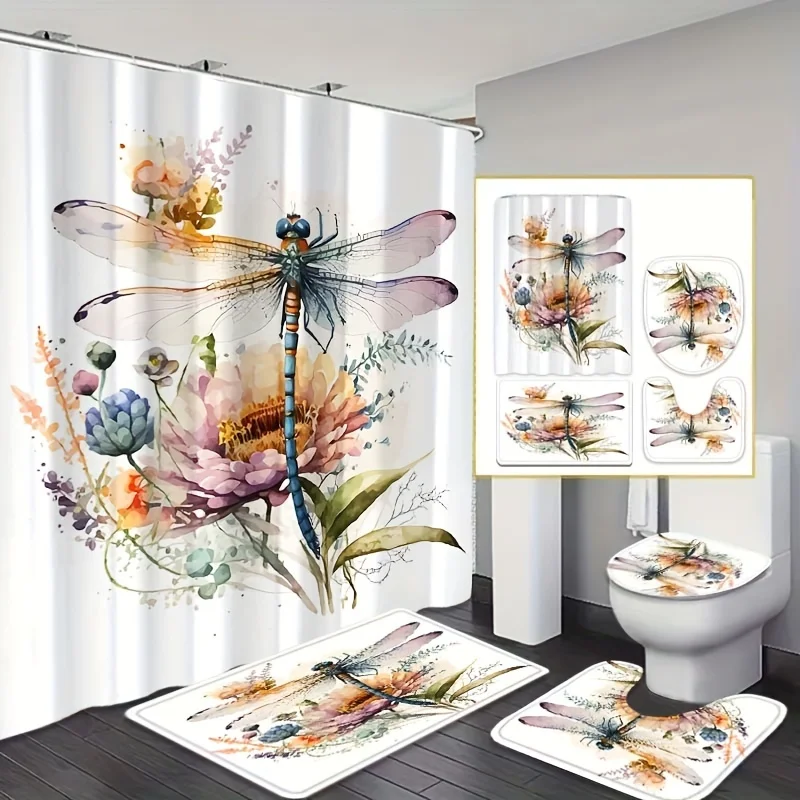 

Набор из 4 предметов, креативный цветочный узор стрекозы, украшение для ванной комнаты, занавеска для душа, противоскользящий коврик, U-образный коврик, коврик для крышки унитаза