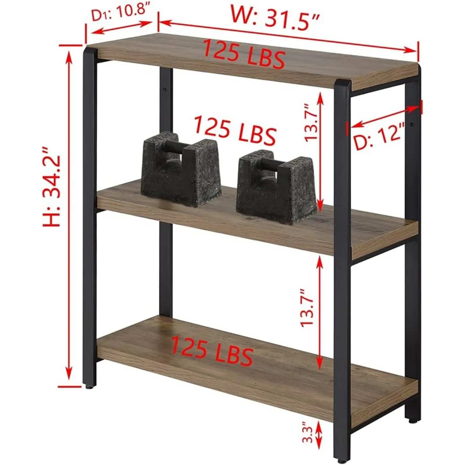 US 3 Tier Bookshelf, Industrial Bookcase and Book Shelves for Bedroom, Rustic Wood and Metal Book Case for Office, Oak