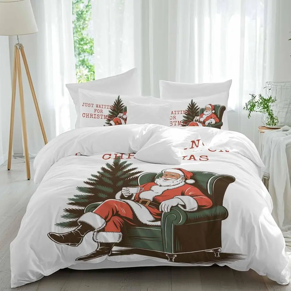 

Chrisas Tree Sheet Set, Just Waiting or Chrisas unny SClaus Sitting on Soa 4 Pieces Breathable Sot Duvet Cover Set Bedding Cozy