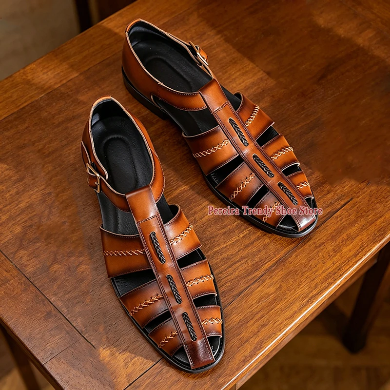 Men's Retro Cowhide Roman Sandals Summer Breathable Open Toe Hollow Belt Buckle Casual Shoes British Style Party Male Shoes