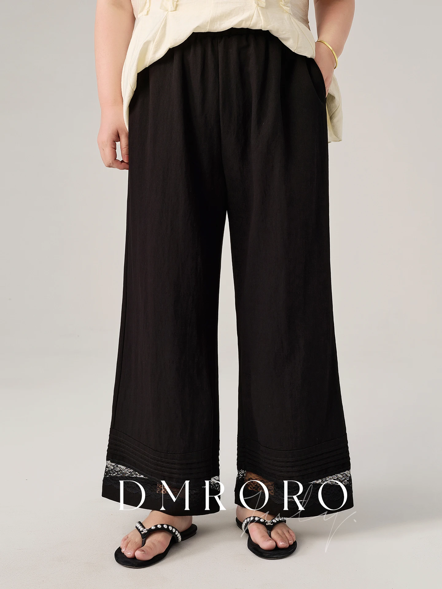 

Meat Miss, большие размеры, женские летние новые тонкие свободные прямые брюки с девятью точками, кружевные повседневные брюки с высокой талией для поездок на работу