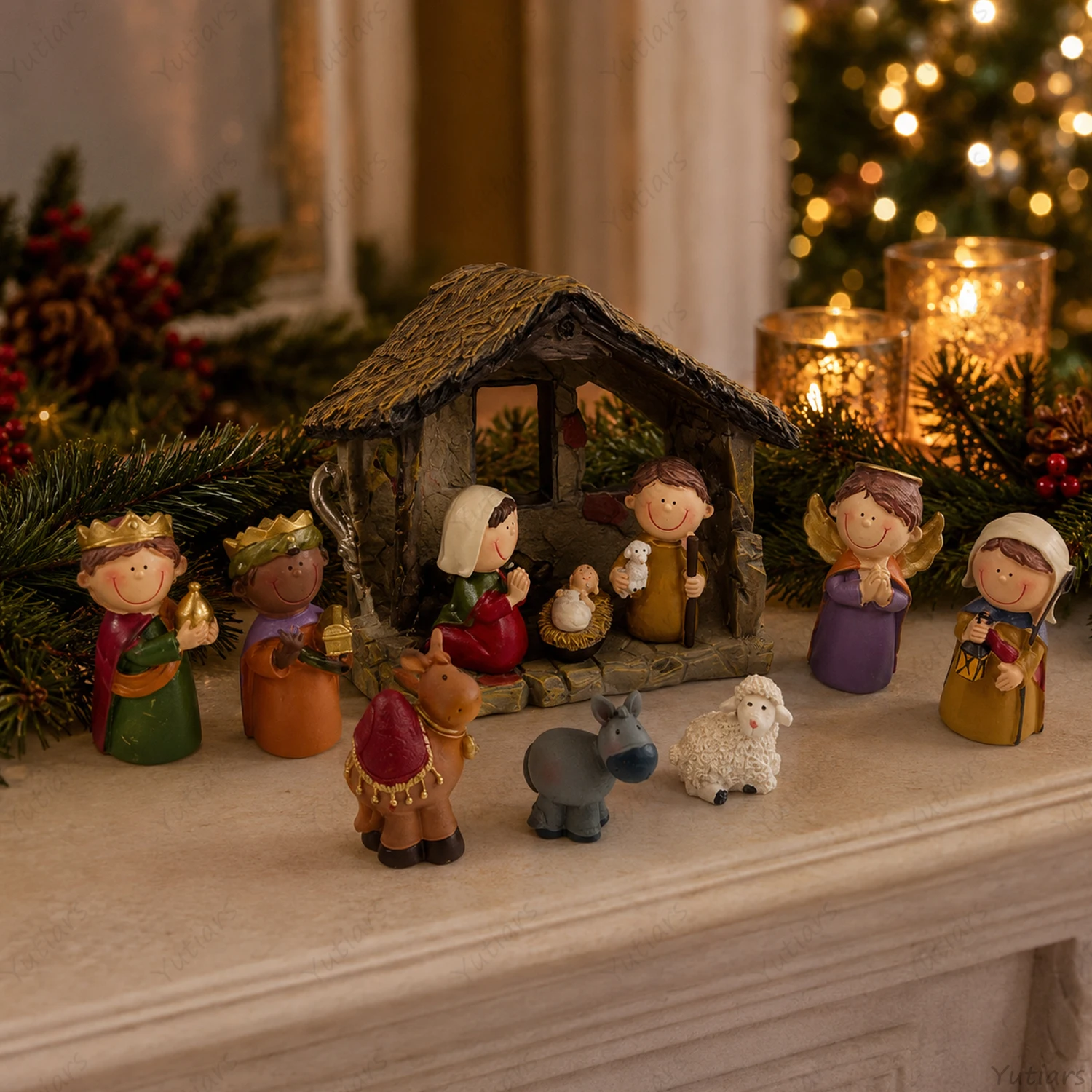 Christmas Resin Nativity Figurine Set Mini Stable with Holy Family Wise Men Angel Sheep Donkey Religious Holiday Home Decor