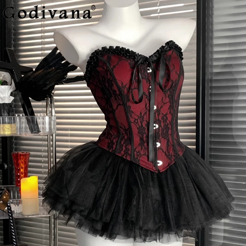 Women Fashion Vest Cute Mini Skirt Lace High Waisted Fluffy Cosplay Devil Set Female Retro Style Anime Outfit Adults Lingerie