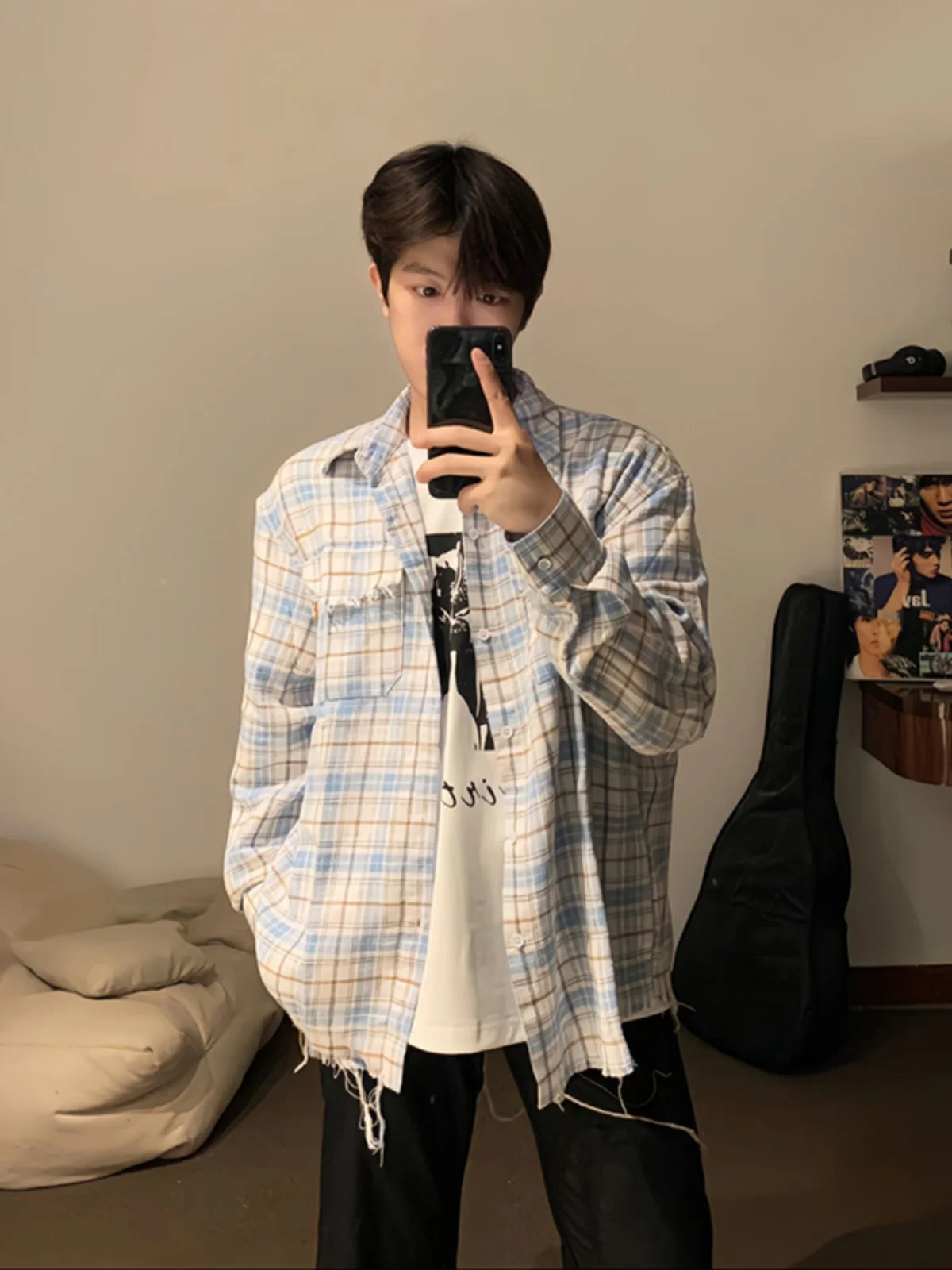 

Blue Ruffled Collar Casual Long Sve Plaid irt Men's Cleanfit High End Feeling Summer Outerwear Trendy Polyester Fiber