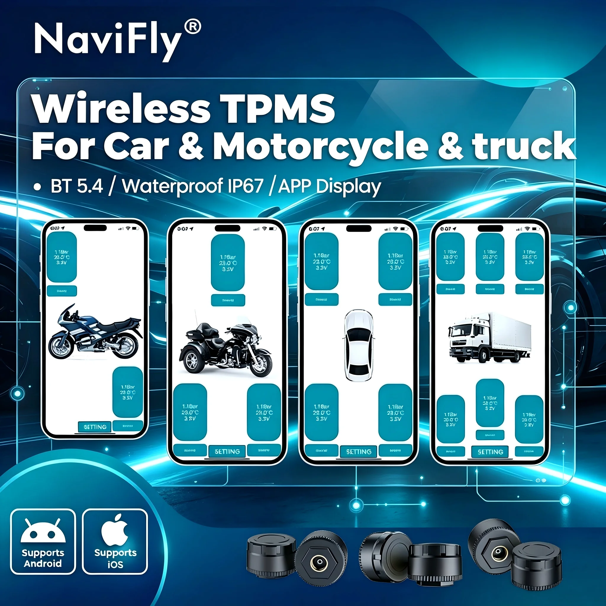 Navifly Car TPMS BT5.4 Tire Pneumatic Monitoring System Mobile Phone Connection Motorcycle Tire Pneumatic Sensor For IOS Android