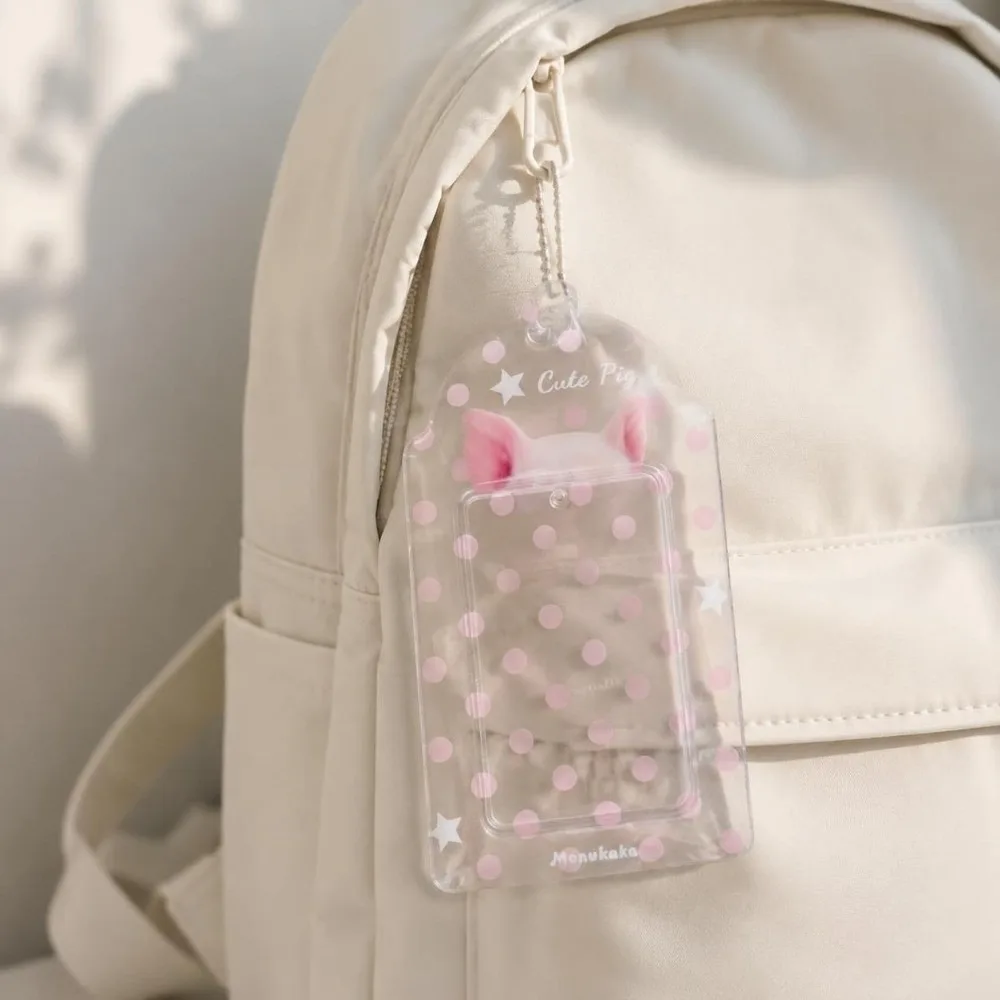 Kawaii PVC Photocard Holder Animal Ear Polka Dot Card Sleeve Transparent With Chain Photo Card Protector For ID Badge