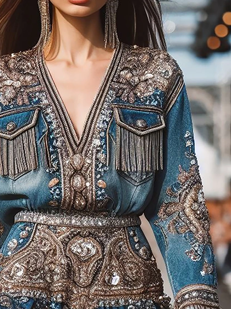 

Women’s Luxury Faux Denim Mini Dress V-Neck Long Sleeve Tassel Fake Sequins Embellished Bodycon Party Runway Cocktail Dresses