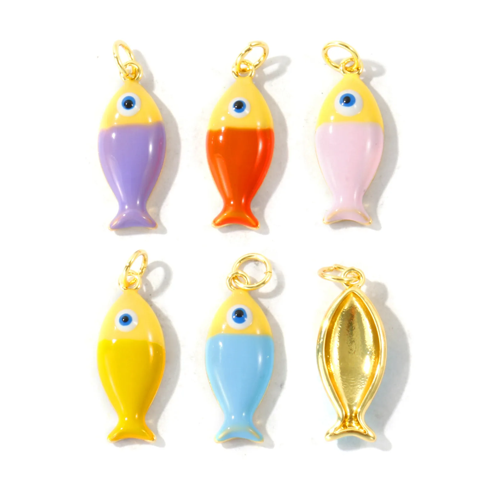 2 Stück bunte Emaille-Ozeanfisch-Anhänger, 18 Karat vergoldete Messing-Anhänger für die Herstellung von DIY-Halsketten, Armbändern und Schmuck, 24 x 8 mm. – Detail 2