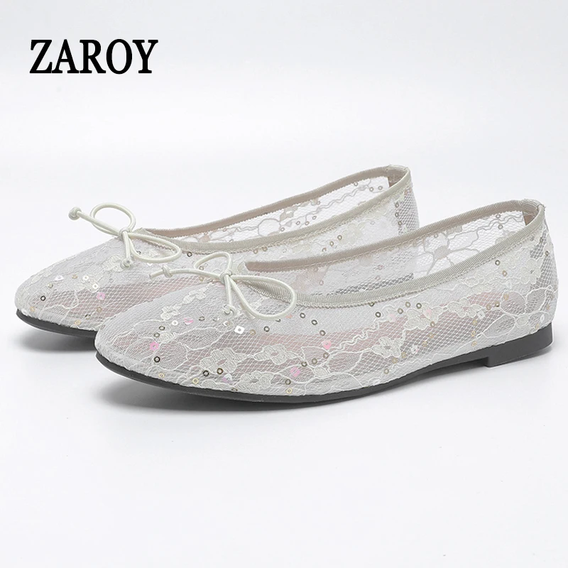 

ZAROY Embroidery Mesh Ballet Flats Elegant Butterfly-knot Woman Shoes Round Toe Mary Jane Comfort Street Style Shoes Ballerinas