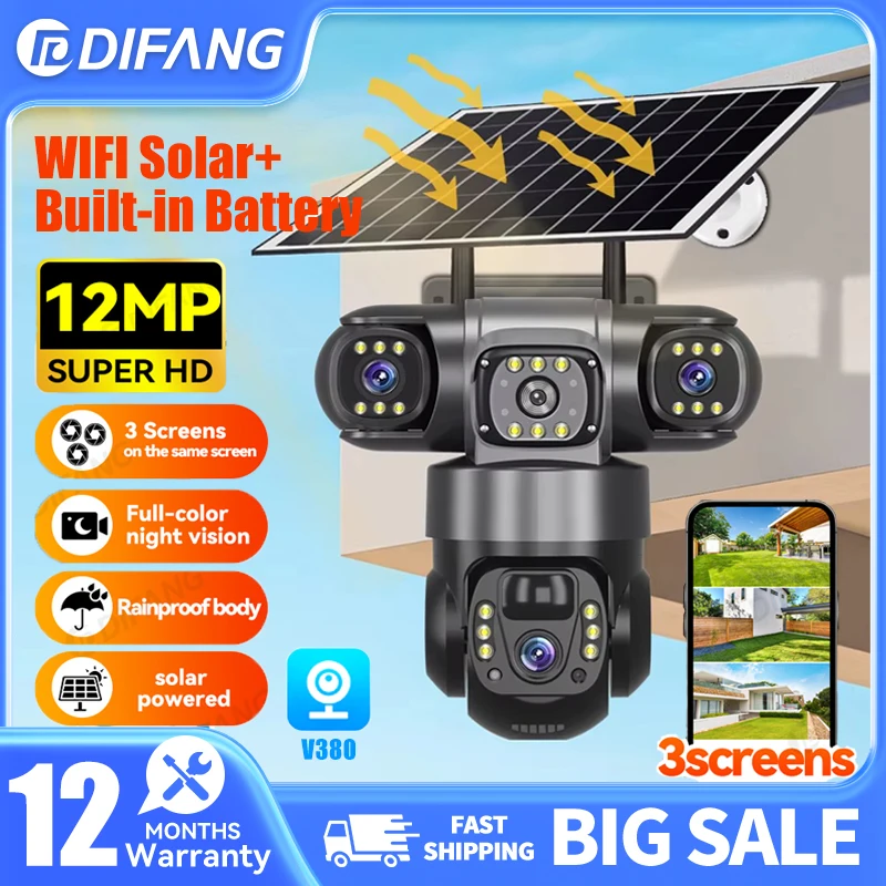 

DIFANG 12MP Wifi 10X Zoom Solar Camera 3 Lens 3 Screen Wireless Outdoor Security Cameras PTZ 24/7 Hour Recording Two Way Audio