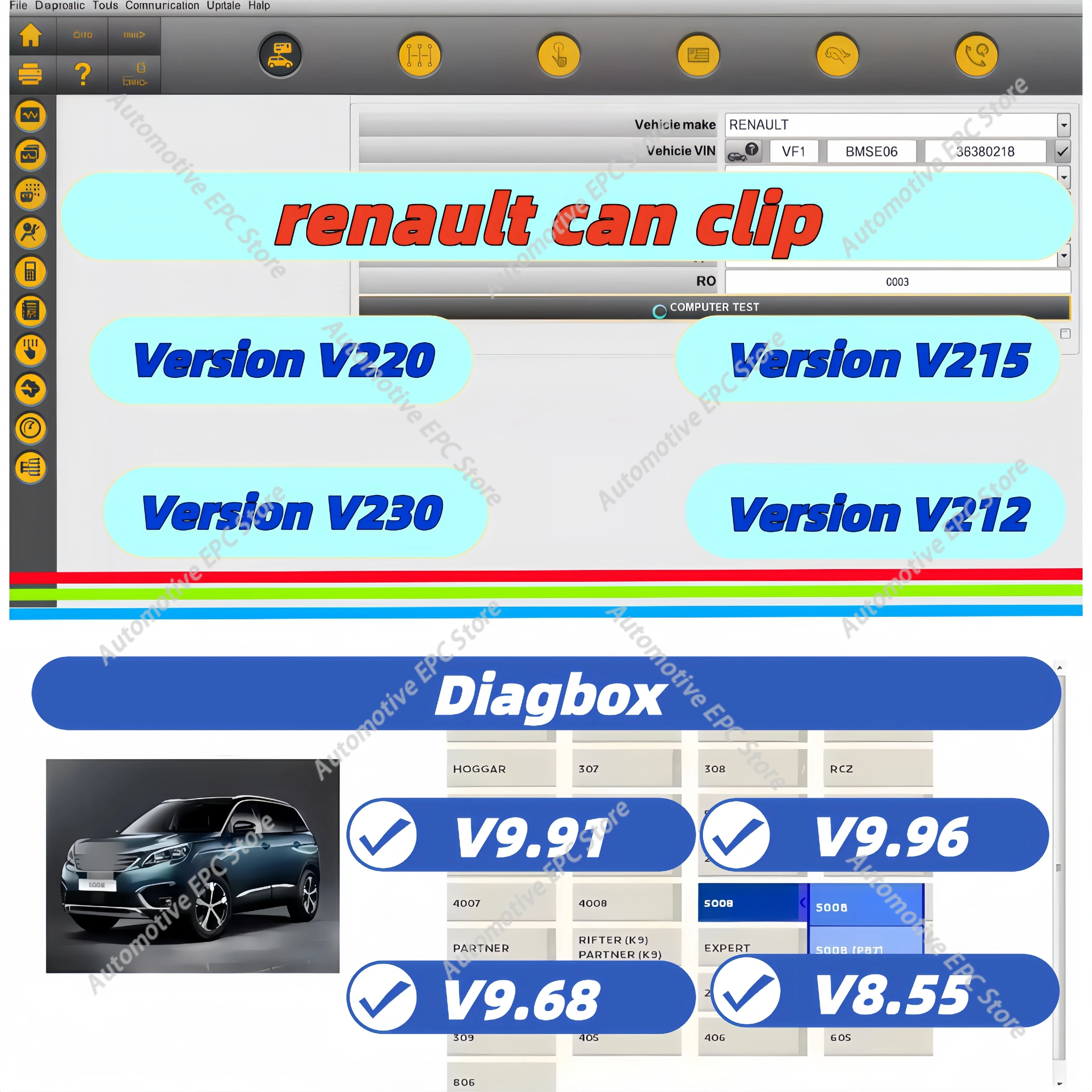 

Универсальный диагностический инструмент: Diagbox V9.96 V191 для Citroen/Peugeot и Can Clip V220 V215 V213 V212 для Renault с программированием ЭБУ