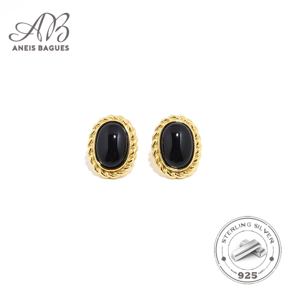 

Aneis Bagues Vintage Oval Natural Black Agate White Shell Earrings For Women French 925 Sterling Silver Wedding Fine Jewelry