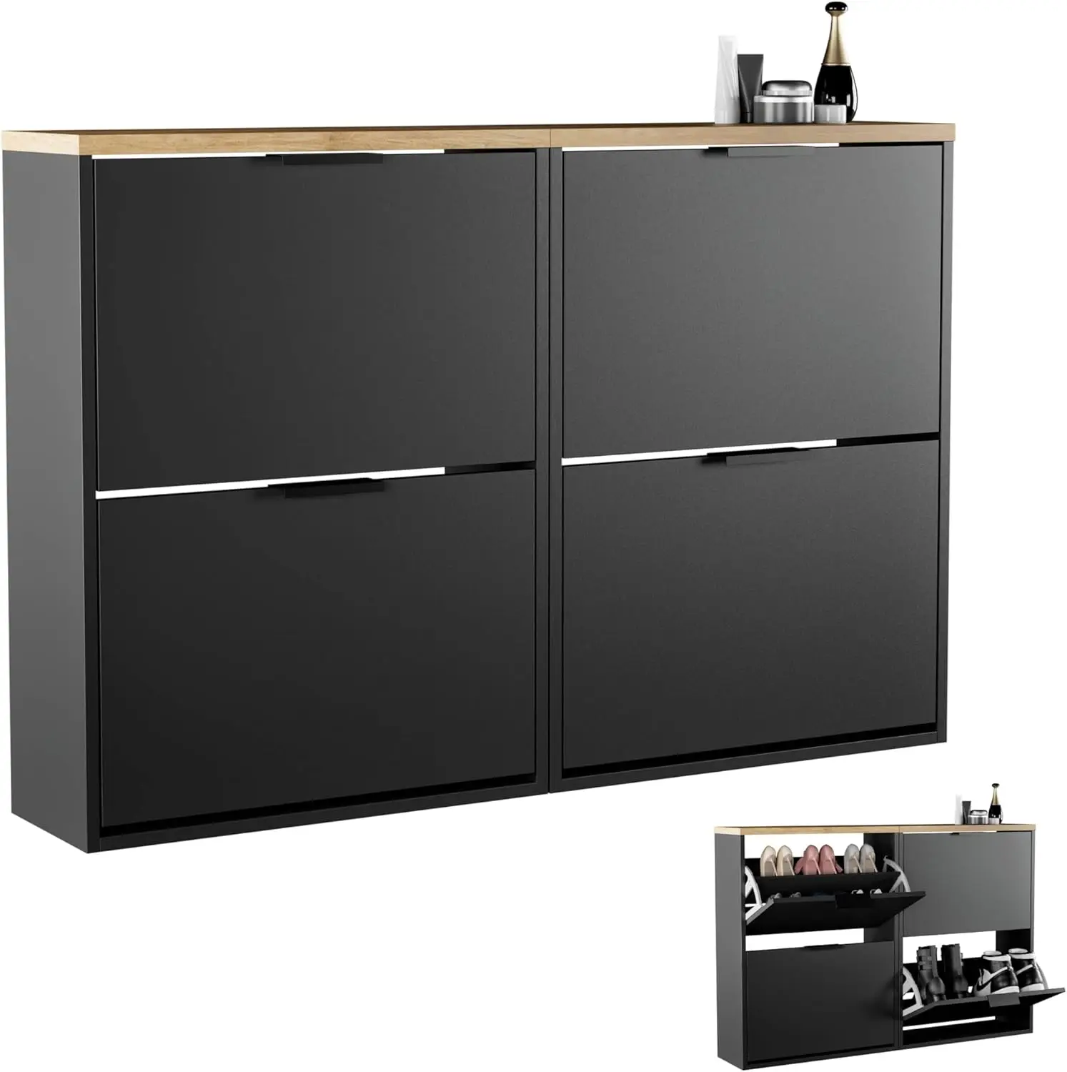 2-Klappen-Space-Saving-Schuhregal mit 4 Ablagen, Schuhkommode für Zifferblätter, Flur, Garderobe 60 x 23 x 80,5 cm, schwarz