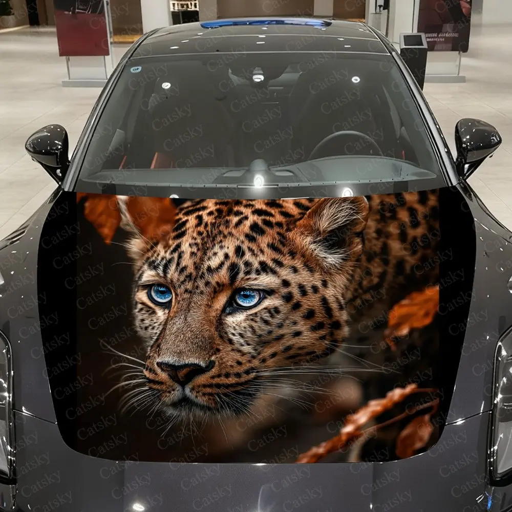 Blue Eyes Golden Spotted Cheetah Car Hood Decorative Stickers. It Enhances The Aesthetic Of The Vehicle And Can Be Easily Applie