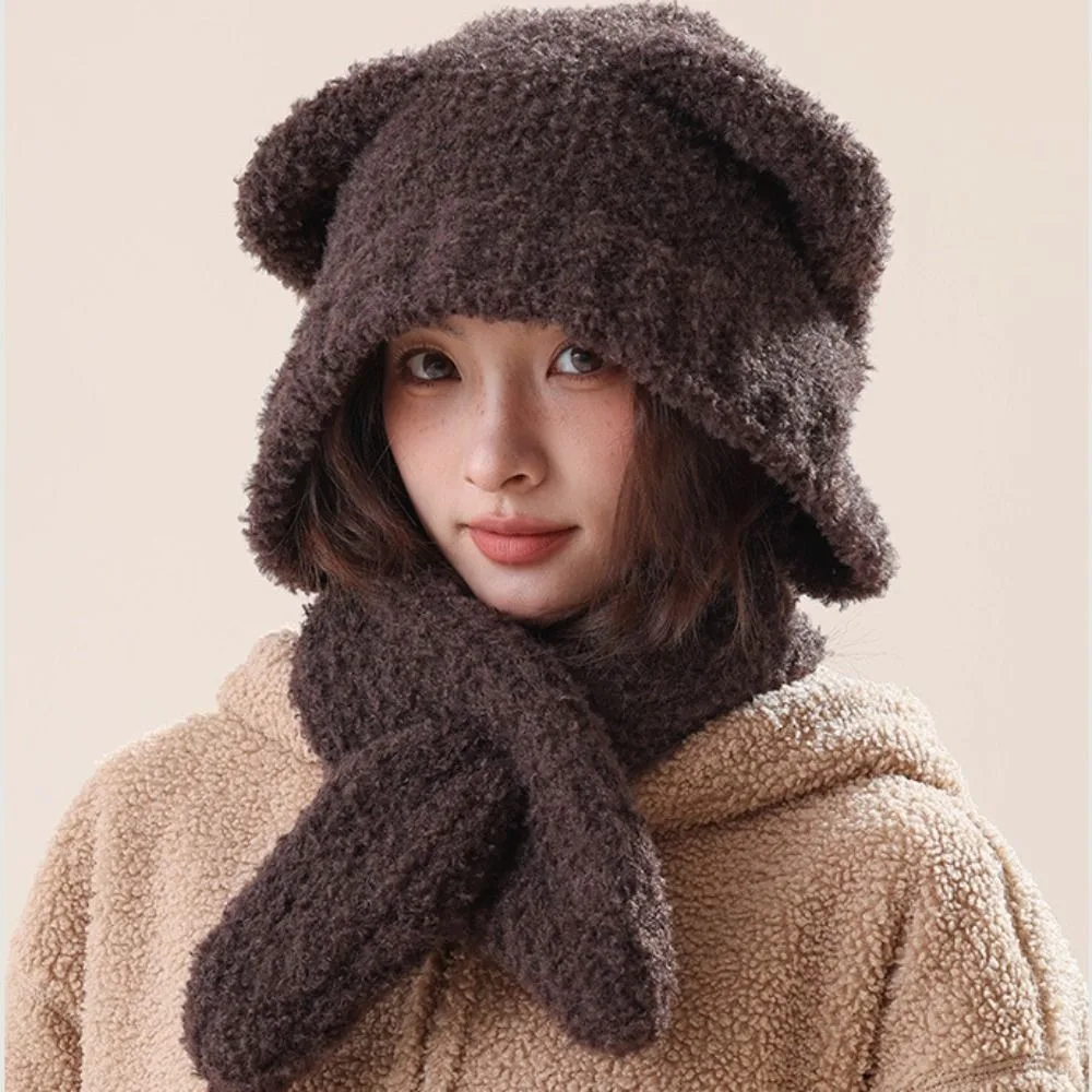 

Cartoon Warm Plush Bear Ear Hat Velvet Soft Cute Beanies Cartoon Thickened Hat Scarf Integrated Winter