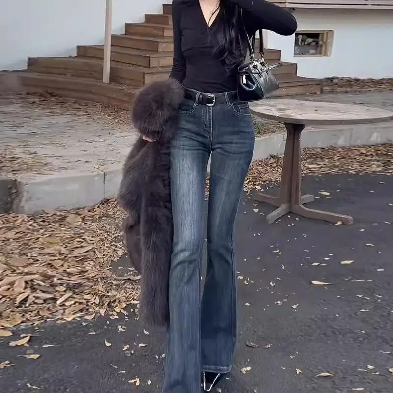 Retro American Blue Grey Flared Jeans Spring New Slimming Personality Small Size Elastic Floor-Length Pants Women's Fashion