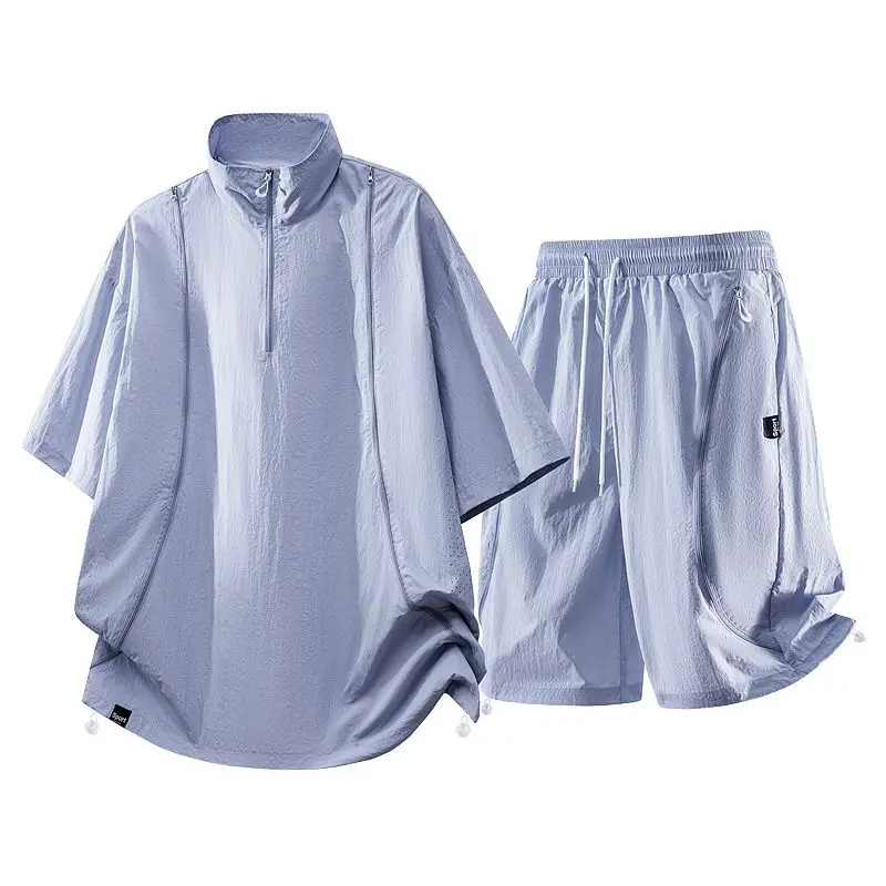 Casual Sportswear Sets Men and Women Half-zipper Stand Collar T-shirt + Shorts Set Quick Dry Oversized Outdoor Shorts Tracksuit view 2