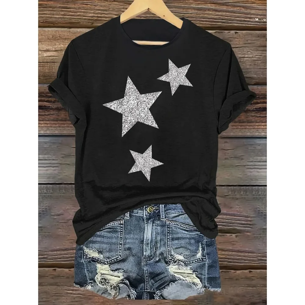 

Women's Casual Round Neck Plus Size T-Shirt Sparkling Star Print Loose Fit Summer Fashion Showing Natural and Elegant Style