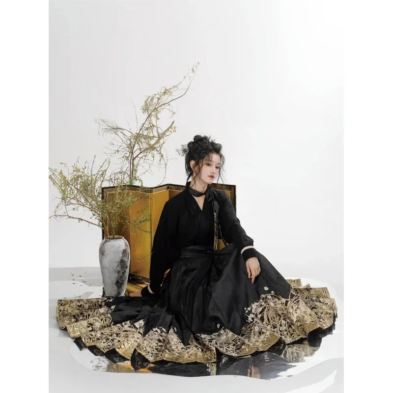 طقم هانفو للنساء ، فستان وجه الحصان ، قميص منقوش مطبوع ، ملابس يومية تقليدية عتيقة ، طراز صيني ، موضة جديدة ، الخريف ، صيحات الموضة