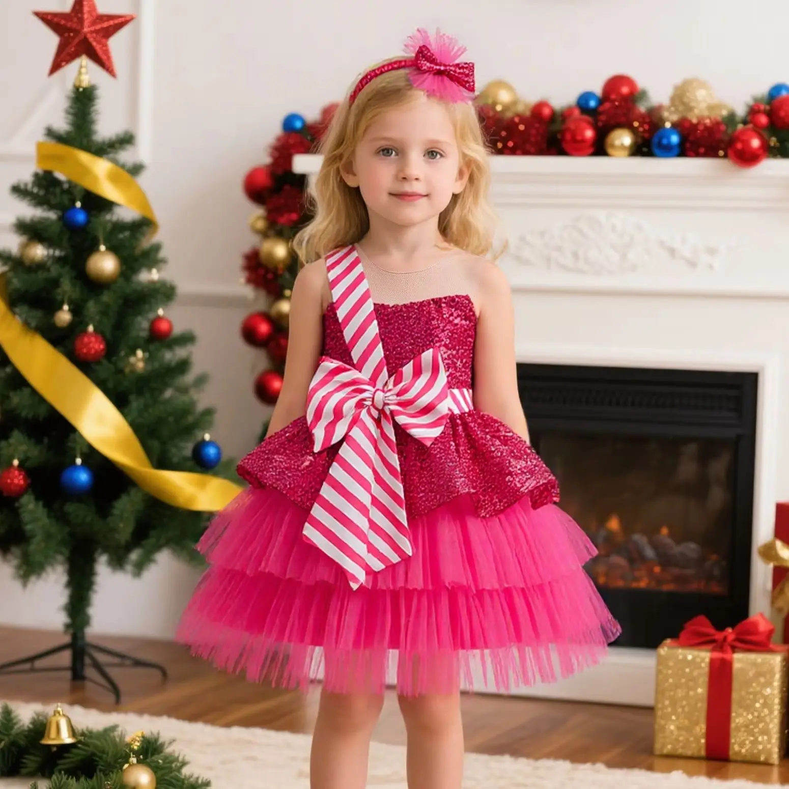 Green Sequin Girls Christmas Dresses Red Bow Tulle Puffy Children Birthday Party Dress Elegant Kids Girl Princess Wedding Gown