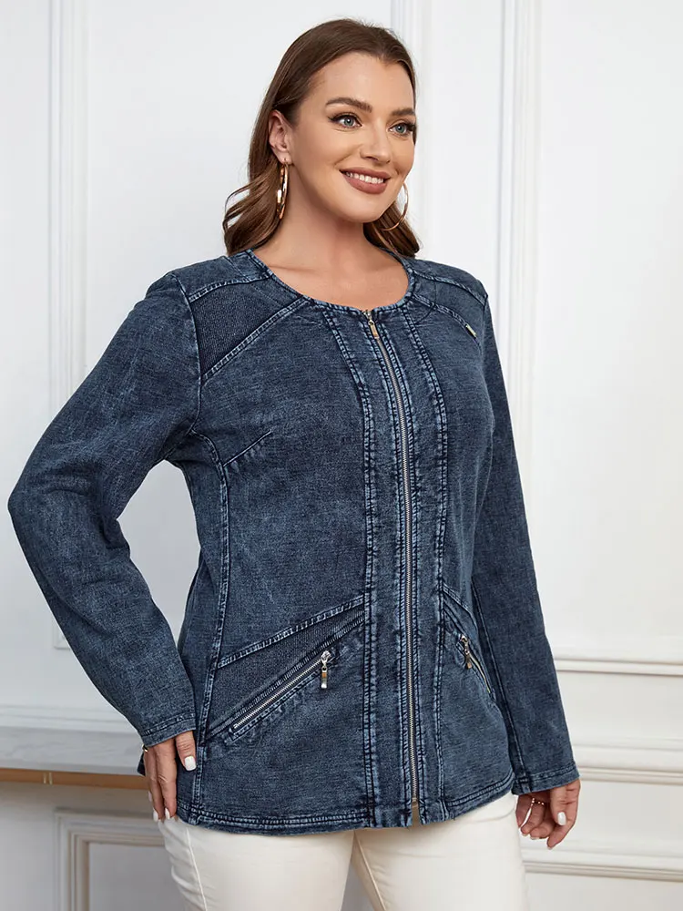 LIH HUA Women\'s Plus Size Denim Jacket Women\'s Casual High End Stretch Knit Denim Jacket with Shoulder Pads Denim Jacket