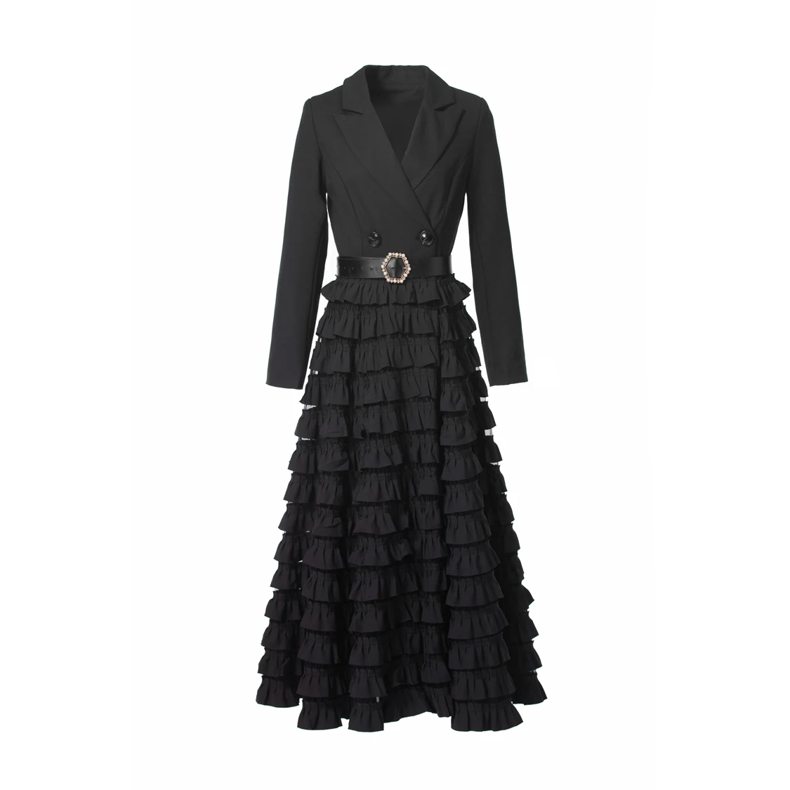 Vestidos trench femininos gola entalhada mangas compridas em camadas babados retalhos elegante moda vestido outerwear casaco