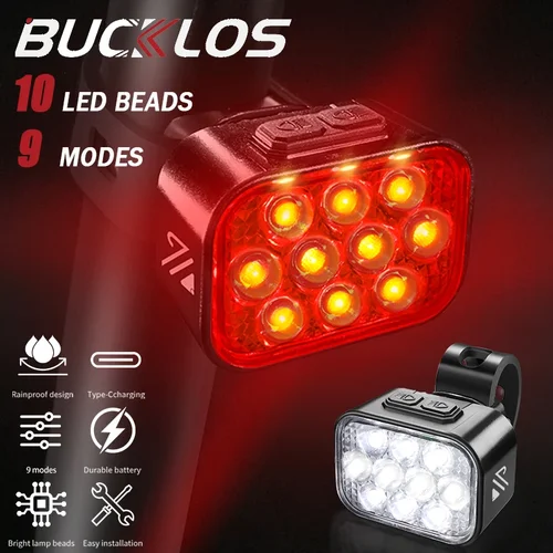 Imagen 1 del producto BUCKLOS-Juego de luces delanteras y traseras para bicicleta, 10 LED, carga USB, faro delantero, resistente al agua, linterna LED, piezas de bicicleta