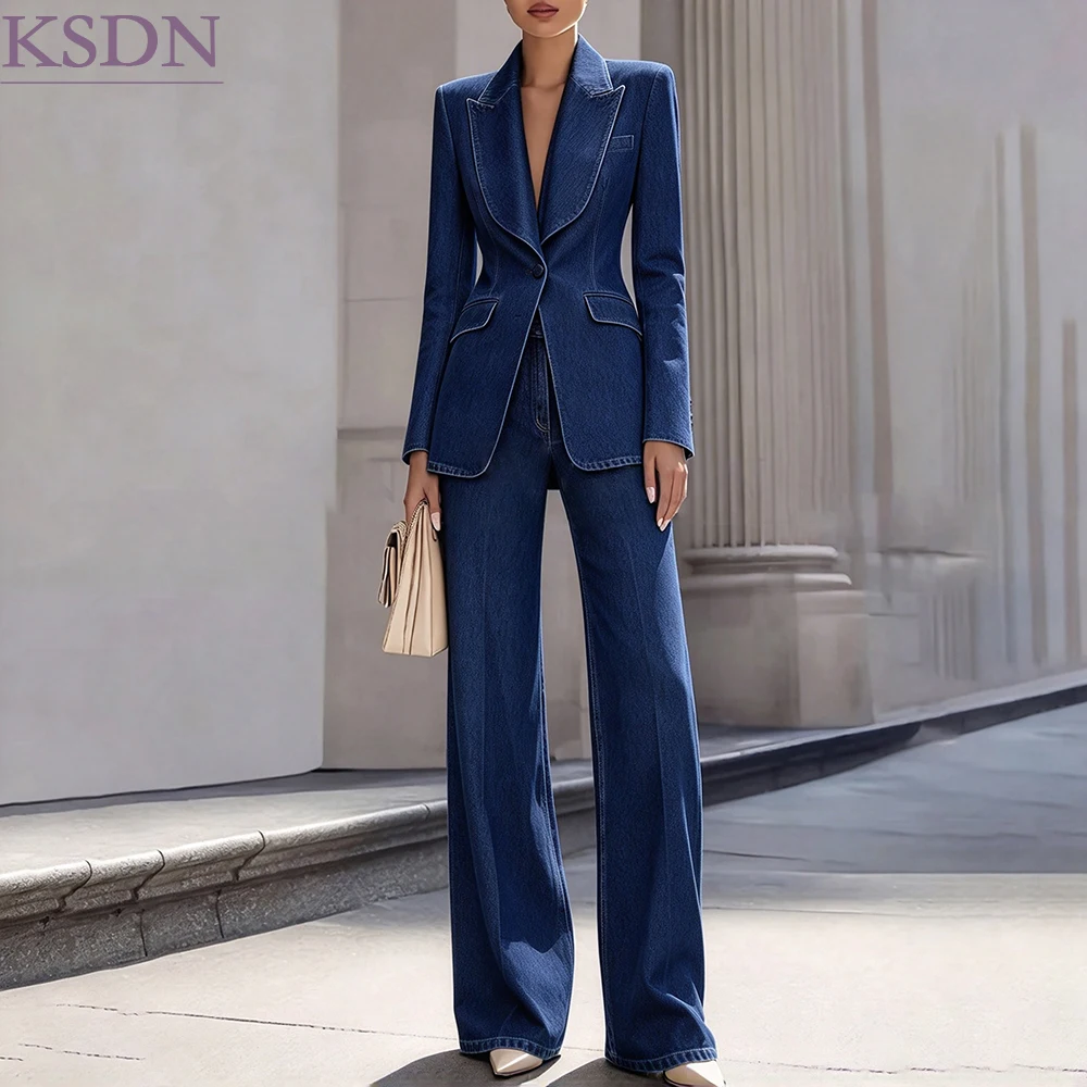 Smart Casual Women's Suits Denim One-Button Slim Fit 2 Piece Jacket Pants Sets Elegant Business Office Blazer Clothing Terno