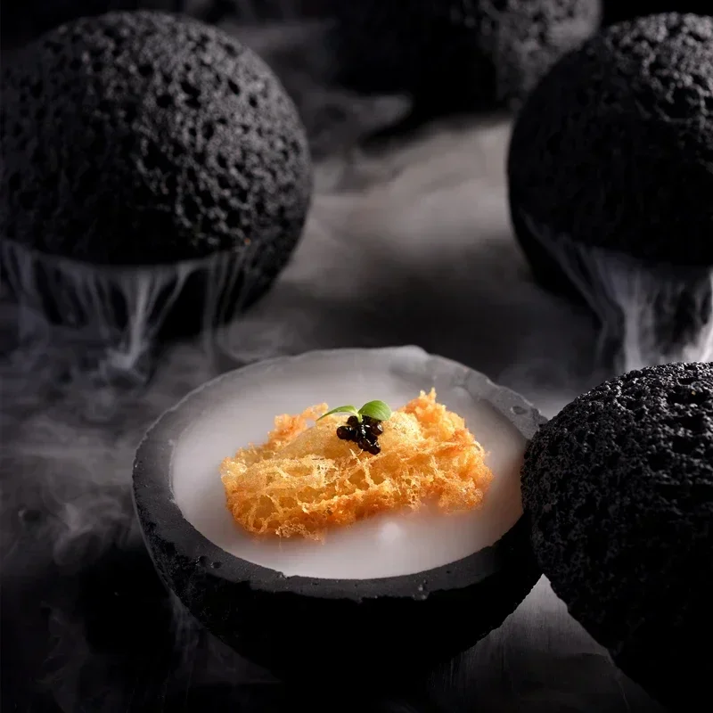 Meteorite Soup Bowl Creative Molecular Food Bowl Imitation Volcanic Stone Ball Plate Round Smoked Bowl Black Tableware