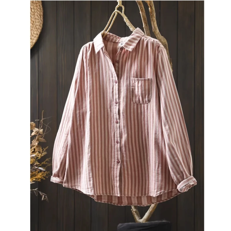 قميص قطني فضفاض بأكمام طويلة للنساء، نمط كاجوال، خطوط عمودية، طبقة مزدوجة، قميص ربيعي جديد فني غير رسمي