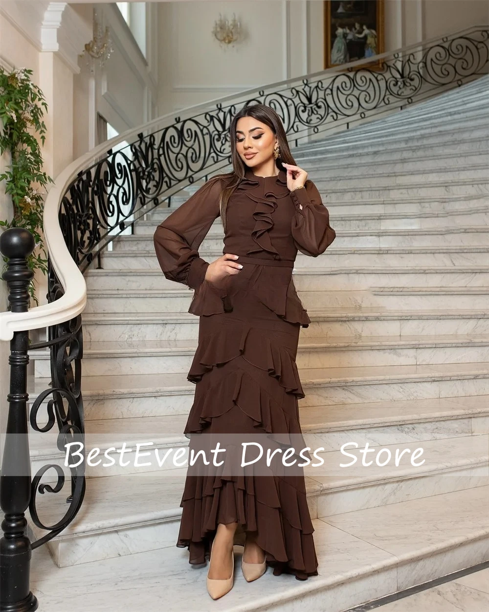 Customized Chiffon Pleat Tiered A-line High Collar Bridal Prom Dresses Bespoke Occasion Long Sleeve Evening Dresses High Quality