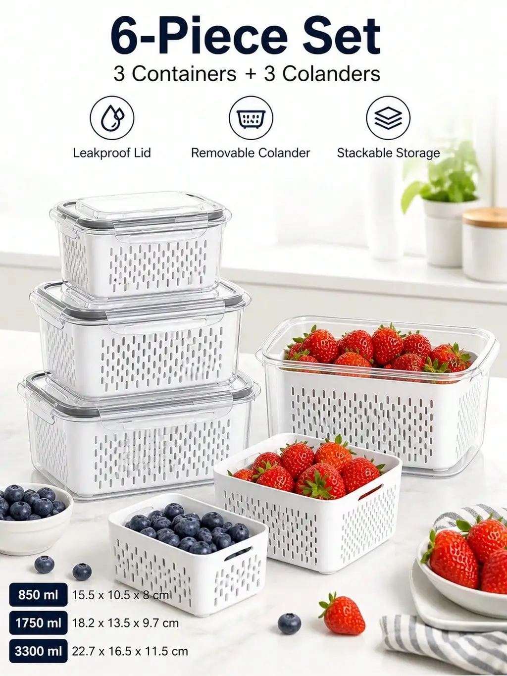 6pcs Fridge Produce Containers with Drain Baskets for Fresh Fruit for Fridge Produce Storage
