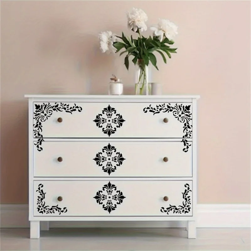 6Pcs Floral Corner Stencils for Painting Template Vintage Damask Border Stencil DIY Templates For Wood Furniture Wall Art Crafts view 5