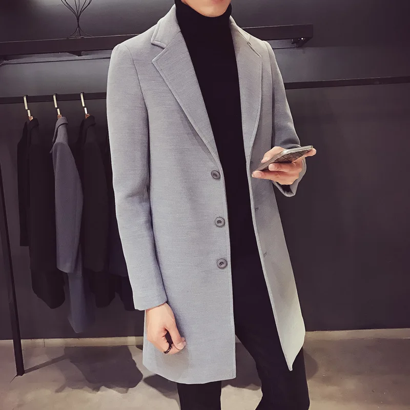 

Men's Mid-Length Woolen Coat Autumn Winter Slim Fit Korean Sle Windbreaker Suit Jaet Long Coat Youth Trend Pure Color