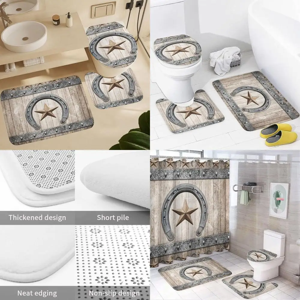 

4-Piece Rustic Western Texas Star Shower Curtain Set with Rugs, Accessories, and Bath Mat
