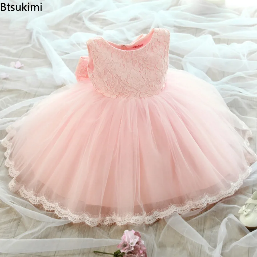 New Solid Color Lace Flower Girl Dress Sleeveless Tulle Princess Gown for Wedding Party Kids Pageant Dress Girls' Evening Gown