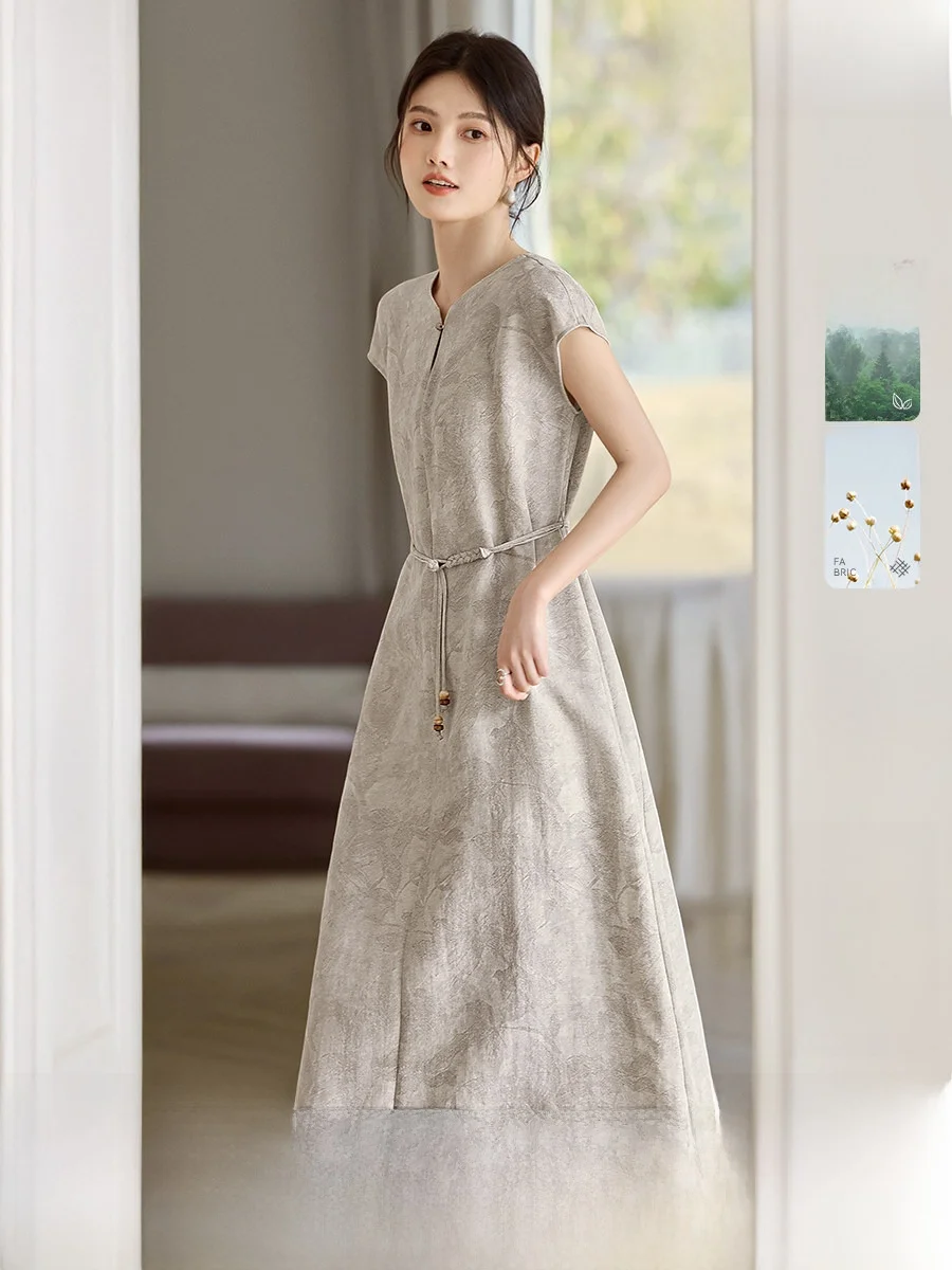 

New Chinese Style Linen Dress Women's Summer Midi A-Line Skirt Waist-Cinching Mommy Dress Soft Rell Fibration Material