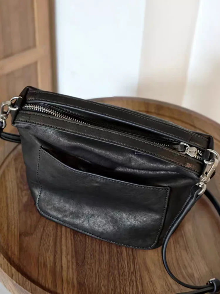 Black Simple Fashion Retro Bucket Bag Genuine Leather Women Tote Bag\Handbag Real Leather Casual Lady Shoulder Crossbody Bag