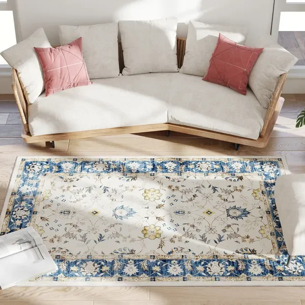 

HOMCOM 4x6 Washable Area Rug, Non-Slip Boho Floral Floor Carpet, Blue for Living Room, Bedroom, Dining Room