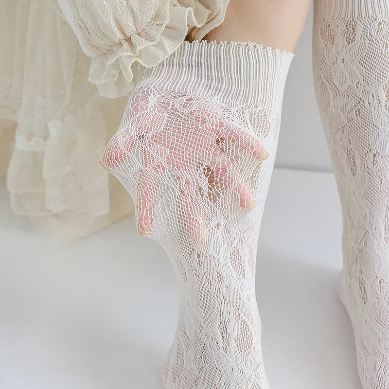 

Summer Lace Thin Calf Sock for Kids Girl Simplicity Chic Floral Heart Children's Sock Nylon Elastic Mesh Breathable School Sock