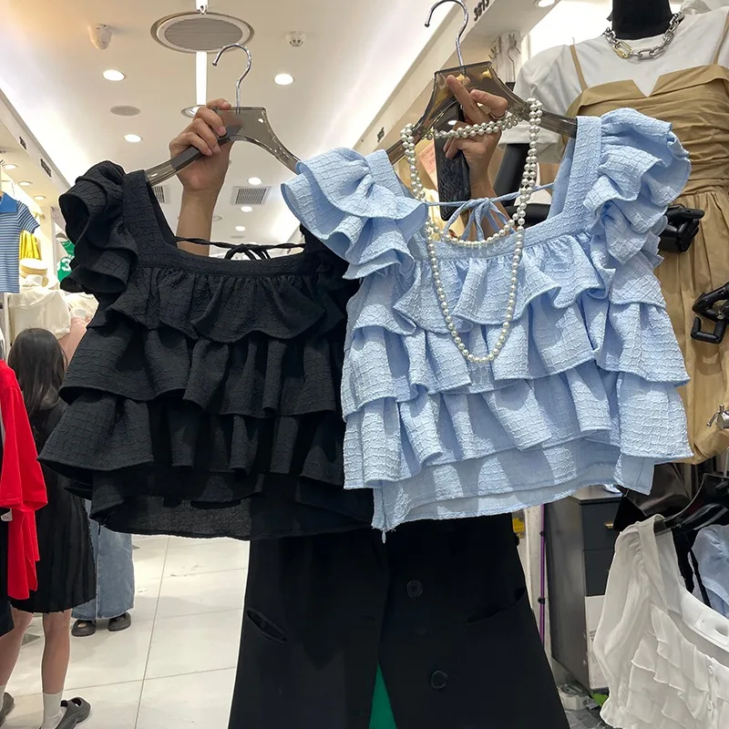 

Fashion Ruffled Square Collar Flying Sleeve Shirt Summer Sweet Cake Vest for Women 2025 New All-match Loose Blusas Mujer