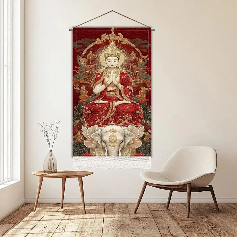 VIKAMA Red Gold Buddhist Bodhisattva Tassel Tapestry Elephant Throne Oriental Meditation For Yoga Altar Home Wall Decor
